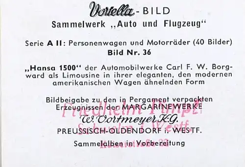 Sammelbild Sammelwerk Auto und Flugzeug, Serie A II Bild 36, Hansa 1500, Borgward, Vortella Bild
