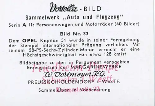 Sammelbild Sammelwerk Auto und Flugzeug, Serie A II Bild 32, Opel Kapitän 51, Vortella Bild