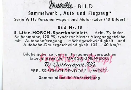 Sammelbild Sammelwerk Auto und Flugzeug, Serie A II Bild 18, Horch Sportkabriolett, Vortella Bild