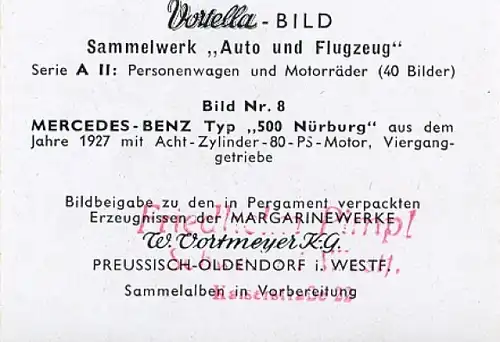 Sammelbild Sammelwerk Auto und Flugzeug, Serie A II Bild 8, Mercedes Benz 500 Nürburg, Vortella Bild