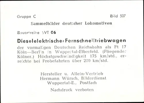 Sammelbild Deutsche Lokomotiven, Gruppe C Bild 507, SVT 06, Dieselelektrischer Fernschnelltriebwagen