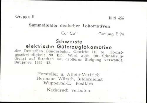 Sammelbild Deutsche Lokomotiven, Gruppe E Bild 456, Elektr. Güterzuglokomotive, E 94
