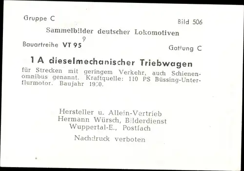 Sammelbild Deutsche Lokomotiven, Gruppe C Bild 506, dieselmechan. Triebwagen, VT 95, C