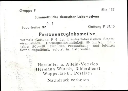 Sammelbild Deutsche Lokomotiven, Gruppe P Bild 155, Personenzuglokomotive, P 34.15