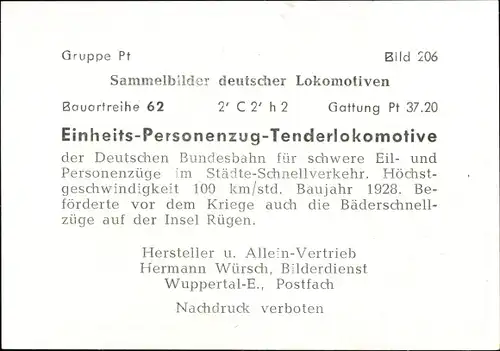 Sammelbild Deutsche Lokomotiven, Gruppe Pt Bild 206, Personenzug Tenderlokomotive, Pt 37.20