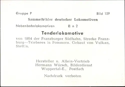 Sammelbild Deutsche Lokomotiven, Gruppe P Bild 159, Tenderlokomotive, Franzburger Südbahn