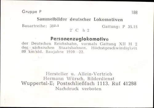 Sammelbild Deutsche Lokomotiven, Gruppe P Bild 188, Personenzuglokomotive, P 35.15