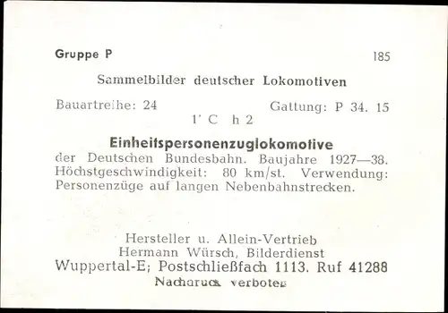 Sammelbild Deutsche Lokomotiven, Gruppe P Bild 185, Einheitspersonenzuglokomotive, P 35.15