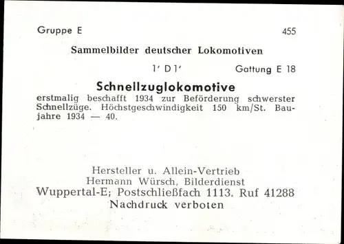 Sammelbild Deutsche Lokomotiven, Gruppe E Bild 455, Schnellzuglokomotive, E 18