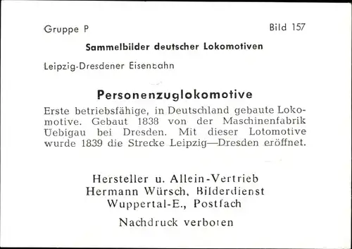 Sammelbild Deutsche Lokomotiven, Gruppe P Bild 157, Personenzuglokomotive