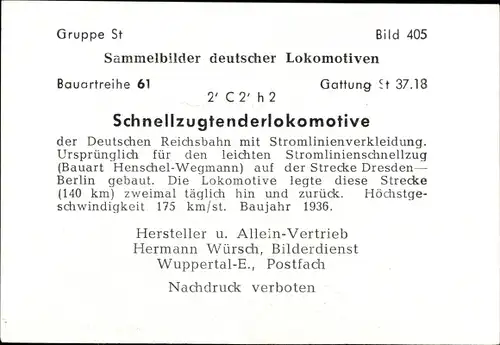 Sammelbild Deutsche Lokomotiven, Gruppe St Bild 405, Schnellzugtenderlokomotive, St 37.18