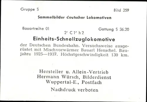 Sammelbild Deutsche Lokomotiven, Gruppe S Bild 359, Einheits Schnellzuglokomotive, S. 36.20