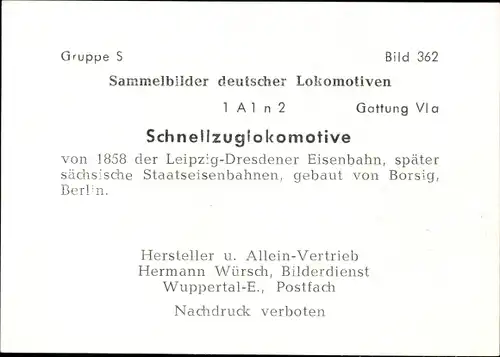 Sammelbild Deutsche Lokomotiven, Gruppe S Bild 362, Schnellzuglokomotive, VI a