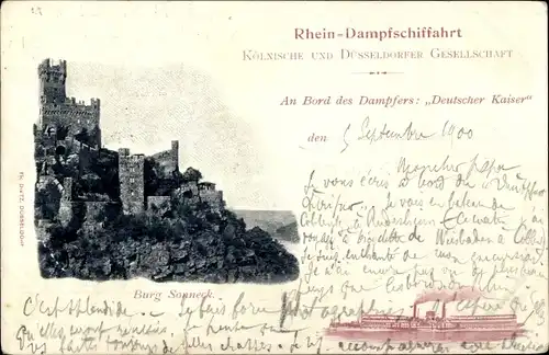Ak Niederheimbach am Rhein, Burg Sonneck, Dampfer Deutscher Kaiser, Köln. Düss. Gesellschaft