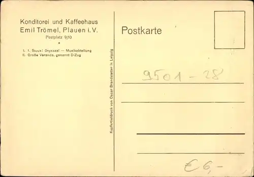 Ak Plauen im Vogtland, Konditorei und Kaffeehaus Emil Trömel, Postplatz 9, Innenansichten