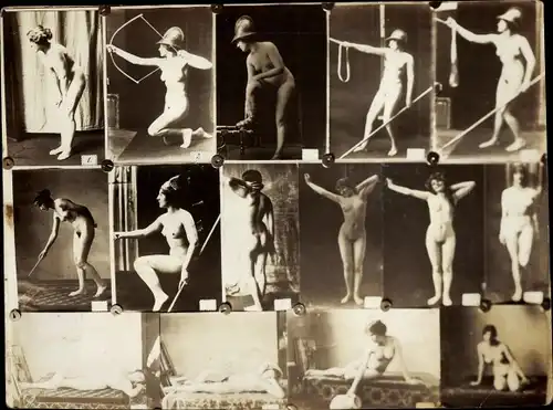 Foto Frauenakte, verschiedene Fotos nackter posierender Frauen, Busen, Pfeil und Bogen, liegend