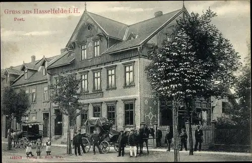 Ak Hasselfelde Oberharz am Brocken, Kutsche vor dem Kaiserlichen Postamt
