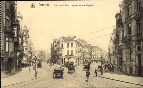 Ak Oostende Ostende Westflandern, Boulevard Van Iseghem et rue Royale, Kutsche