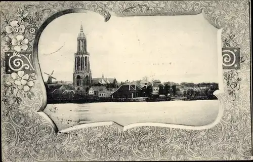 Passepartout Ak Rhenen Utrecht, Blick auf den Ort, Windmühle