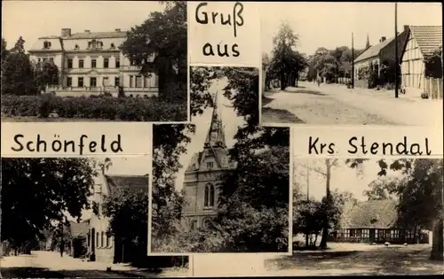 Foto Ak Schönfeld Bismark Altmark, Kirche, Straßenpartie, Wohnhäuser, Gebäude