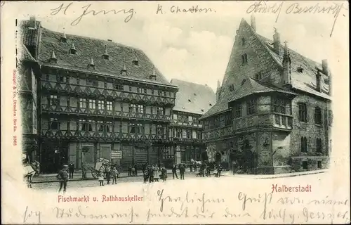 Ak Halberstadt am Harz, Fischmarkt und Rathauskeller