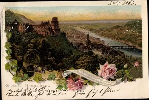 Litho Heidelberg am Neckar, Schloss, Panorama, Rosen, Alt Heidelberg du Feine