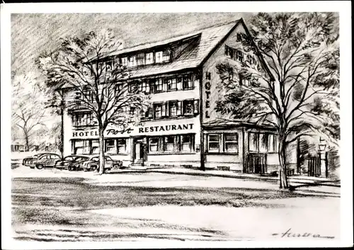 Künstler Ak Nürtingen im Kreis Esslingen, Hotel Post, Tilo Meyer, Bahnhofstr. 7