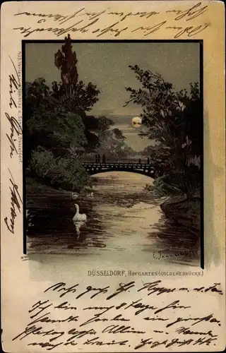 Künstler Ak Düsseldorf am Rhein, Hofgarten, Goldene Brücke, Nachtansicht, Schwan