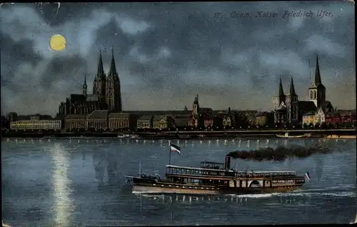 Ak Köln am Rhein, Kaiser Friedrich Ufer bei Nacht, Dom, Dampfschiff, Mondschein