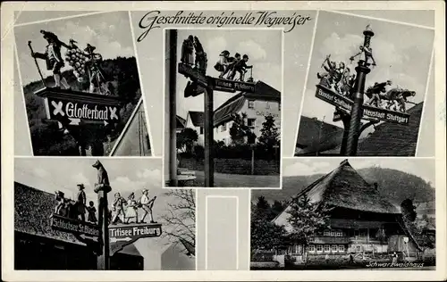 Ak Glottertal im Schwarzwald, geschnitzte originelle Wegweiser, Schwarzwaldhaus