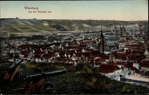 Ak Würzburg am Main Unterfranken, von der Festung aus gesehen, Kanonen