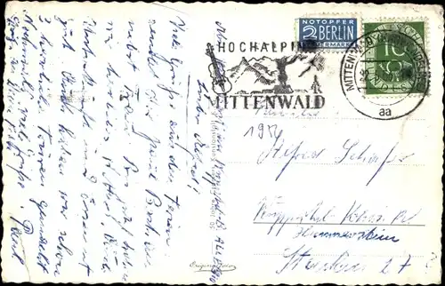 Ak Mittenwald in Oberbayern, Obermarkt, Hotel zur Post, Kirchturm