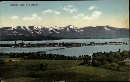 Ak Lindau am Bodensee Schwaben, Blick auf den Ort mit Alpenpanorama