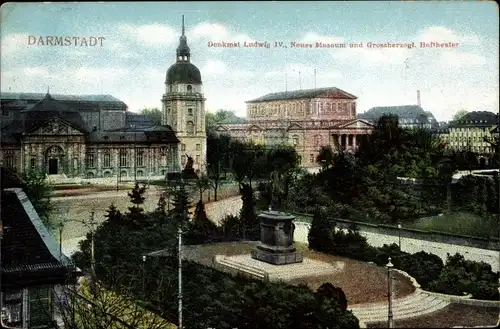 Ak Darmstadt in Hessen, Denkmal Ludwig IV., Neues Museum und Großherzogl. Hoftheater