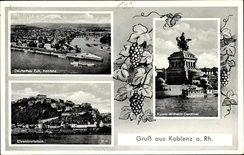 Ak Ehrenbreitstein Koblenz am Rhein, Deutsches Eck, Kaiser-Wilhelm-Denkmal