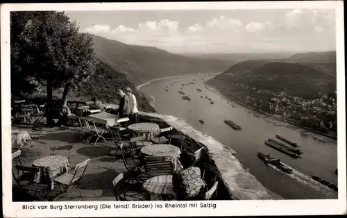 Ak Bornhofen am Rhein, Die feindlichen Brüder, Burg Sterrenberg, Blick ins Rheintal mit Salzig