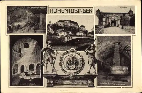 Ak Tübingen, Schloss Hohentübingen, großes Fass im Schlosskeller, Fehmgericht, Brunnen, Portal