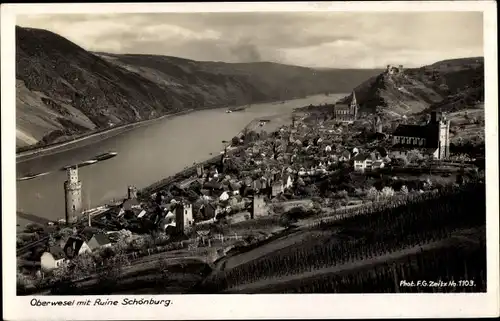 Ak Oberwesel am Rhein, Blick auf den Ort, Ruine Schönburg, Gasthaus zum Lamm