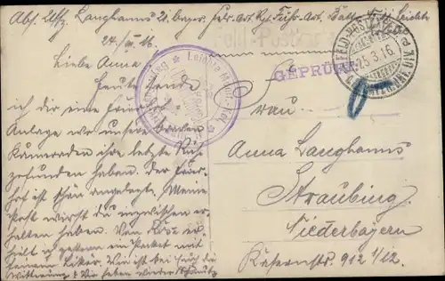 Ak Stempel Deutsche Feldpost 1. WK, Bayer. Fuß Artillerie Batl., Leichte Munitions Kolonne