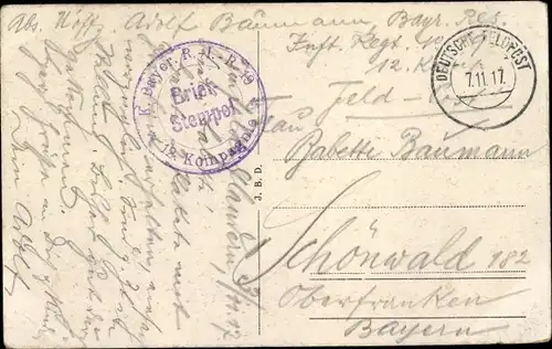 Ak Stempel Deutsche Feldpost 1. WK, K. Bayr. R. I. R. 19, 12. Kompagnie