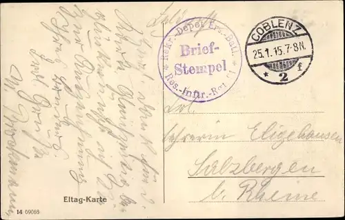 Ak Stempel Deutsche Feldpost 1. WK, Rekr. Depot Ers. Batl. Res. Infanterie Regt., Koblenz