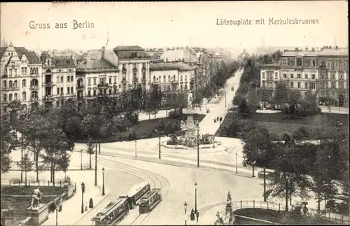 Ak Berlin Tiergarten, Lützowplatz mit Herkulesbrunnen, Häuser, Straßenbahn