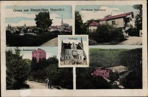 Ak Rheinböllen im Hunsrück, Rathaus, Forsthaus Waldfriede, Ruine Balduinseck Buch, Schloss Waldeck