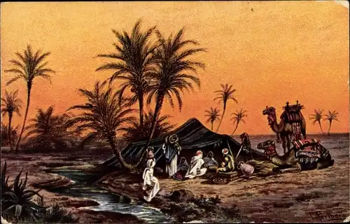 Künstler Ak Perlberg, F., Oasis, Nomaden in der Wüste, Dämmerung