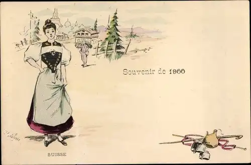 Künstler Ak Souvenir de 1900, Frau in Schweizer Volkstracht