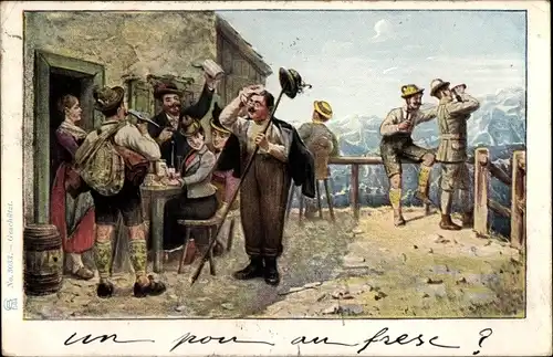 Künstler Ak Wanderer bei der Rast, Gebirge