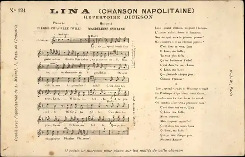 Lied Ak Lina, Chanson Napolitaine, Repertoire Dickson, Magdeleine Symiane, Pierre Chapelle