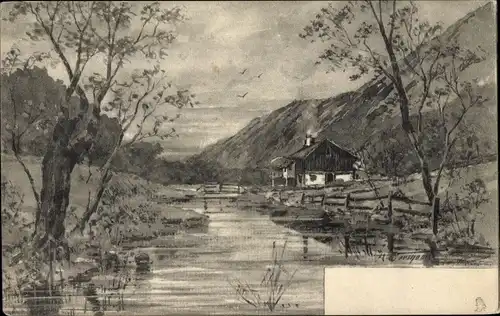 Künstler Ak Landschaft mit Bergen und Fluss