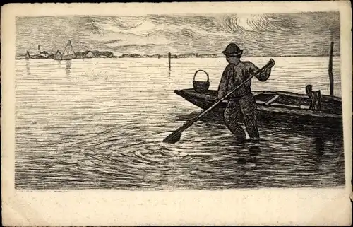 Ak Fischer im Wasser, Ruderboot