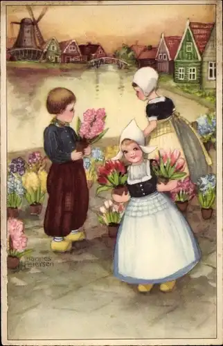 Künstler Ak Petersen, Hannes, Niederländische Trachten, Blumenhändlerin